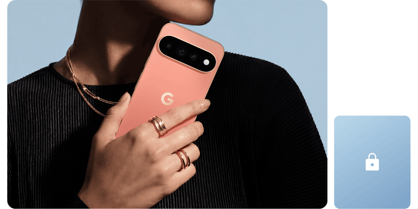 A person holding their Google Pixel 11 Pro close, with a lock icon in the corner