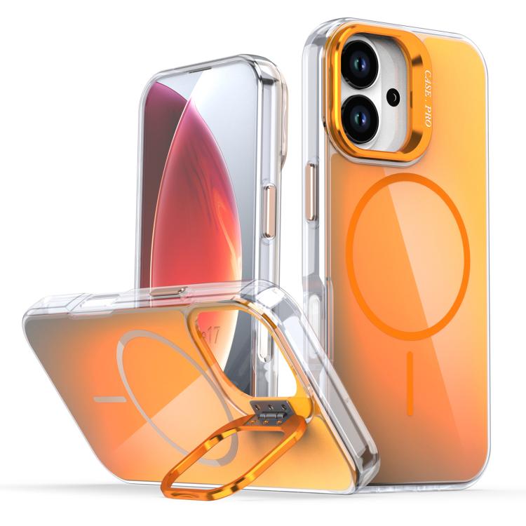 For iPhone 17 Gradient Discolor Lens Kickstand Magsafe Phone Case(Orange)