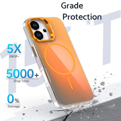For iPhone 17 Gradient Discolor Lens Kickstand Magsafe Phone Case(Orange)