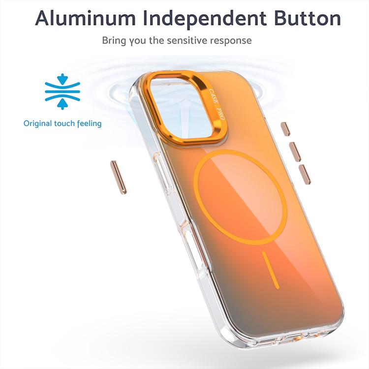 For iPhone 17 Gradient Discolor Lens Kickstand Magsafe Phone Case(Orange)