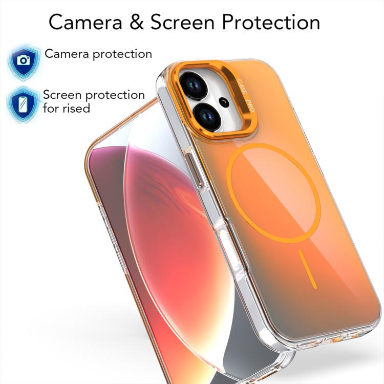 For iPhone 17 Gradient Discolor Lens Kickstand Magsafe Phone Case(Orange)