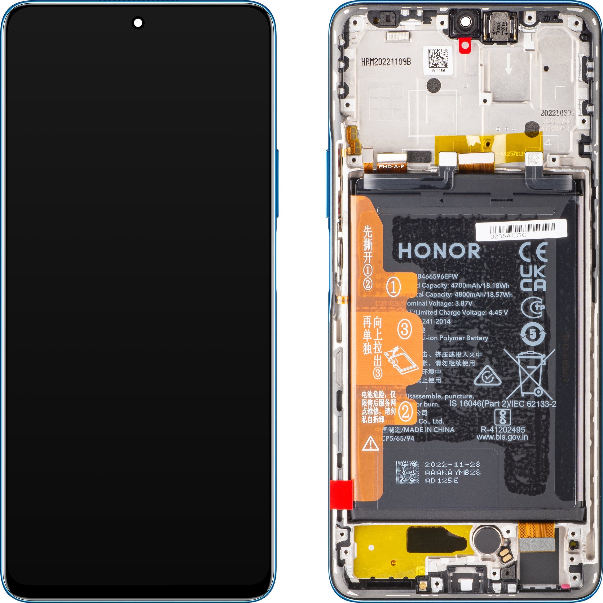 Display with Touchscreen Honor Magic4 Lite, with Frame and Battery, Blue (Ocean Blue), Service Pack 0235ABST